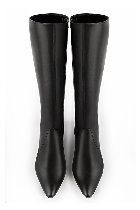 Satin black women's feminine knee-high boots. Tapered toe. Low flare heels. Made to measure. Top view - Florence KOOIJMAN